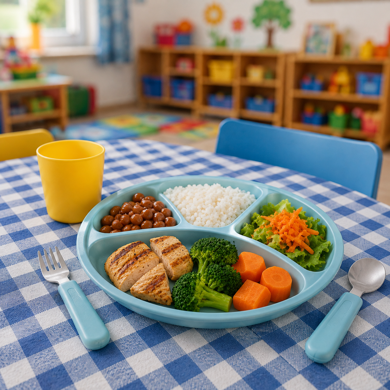 Prato infantil com arroz, feijão, frango grelhado, brócolis, cenoura e salada