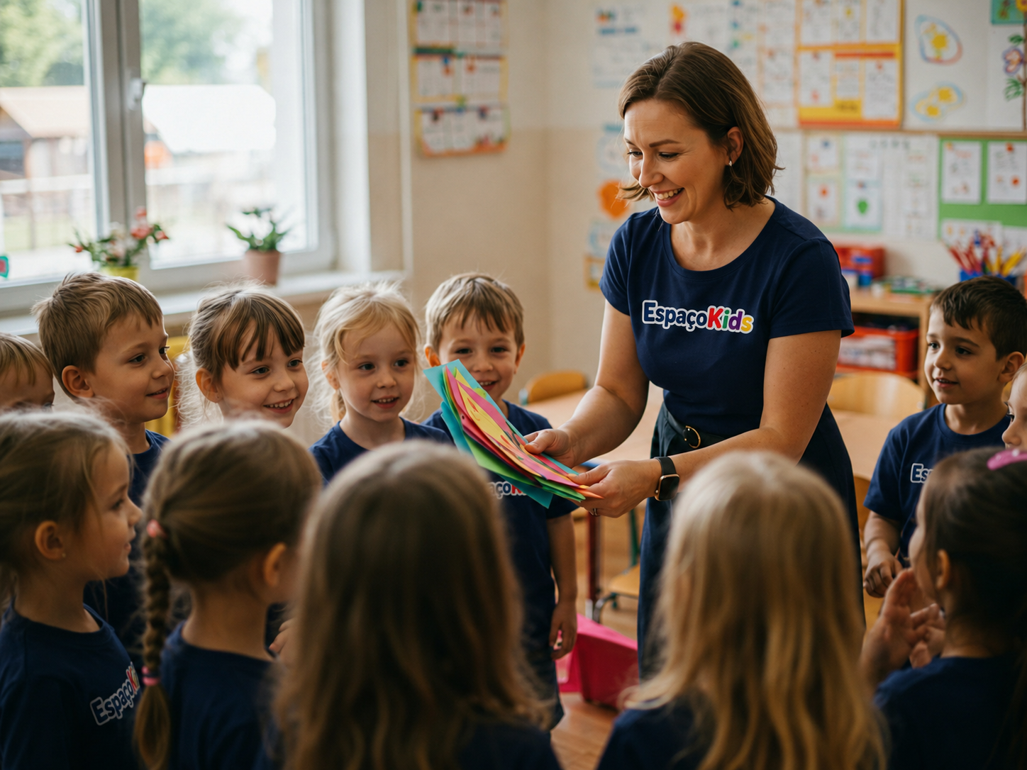 Professora com crianças em atividade na Espaço Kids